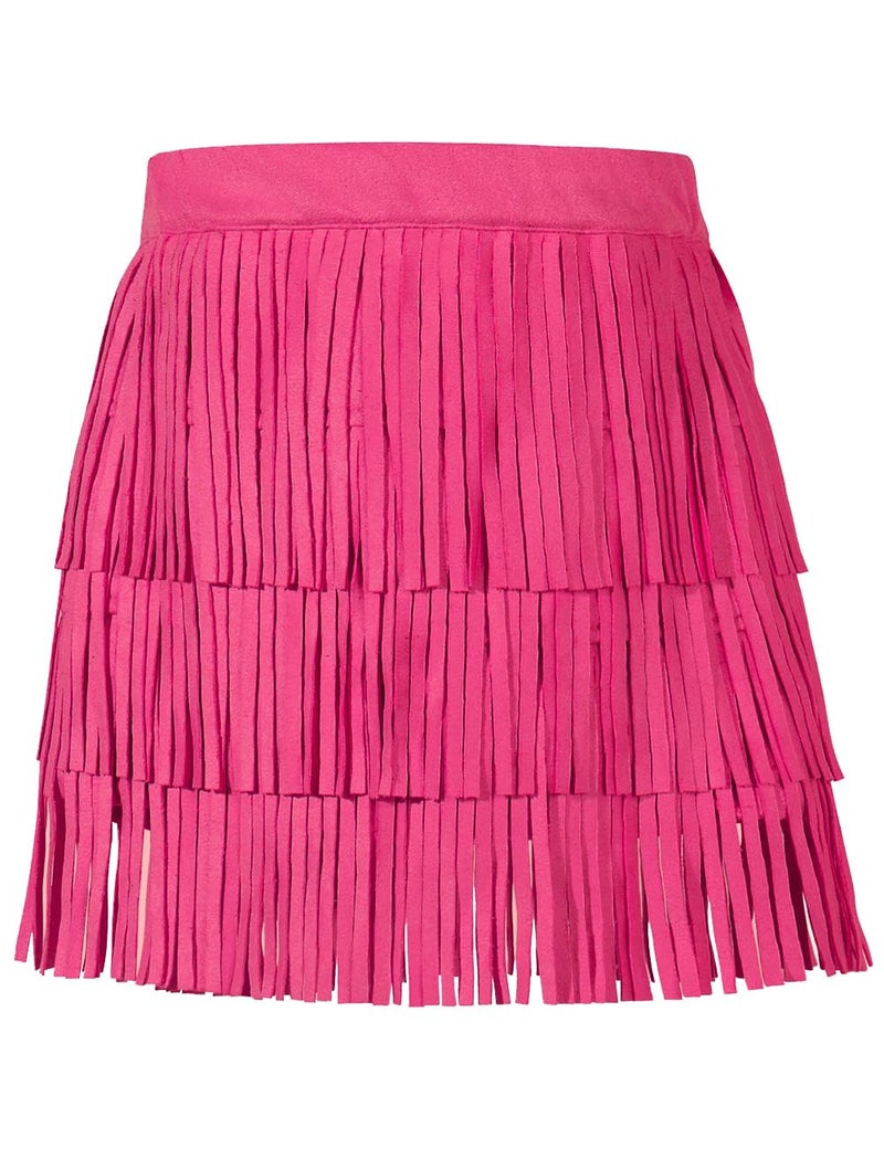 Noomelfish Women Suede Fringe Skirt Boho Tassel Layered Ruffle Skirt, Hot Pink, Small - Image 1