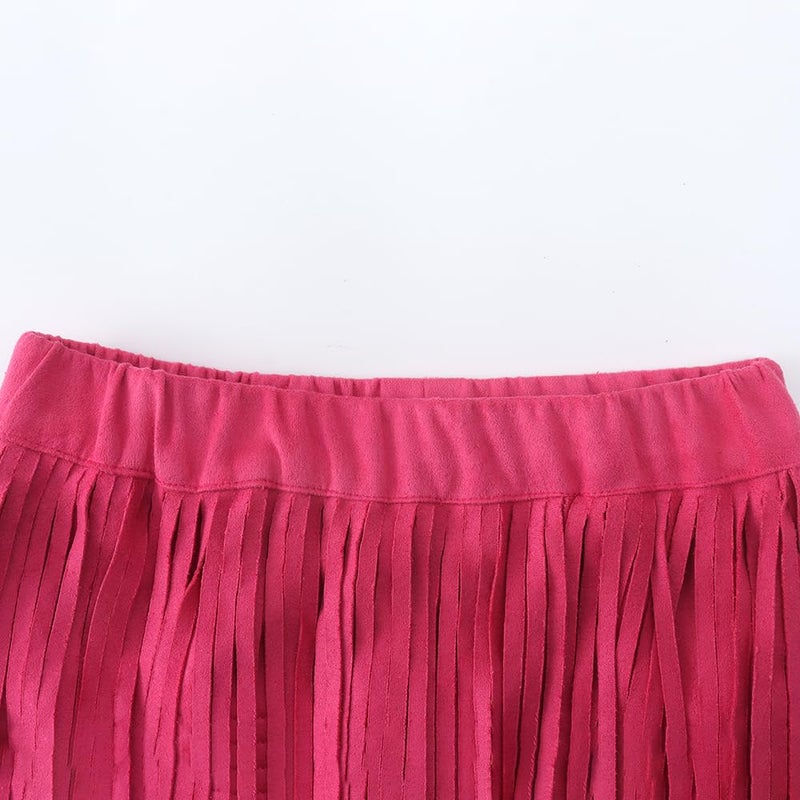 Noomelfish Women Suede Fringe Skirt Boho Tassel Layered Ruffle Skirt, Hot Pink, Small - Image 2
