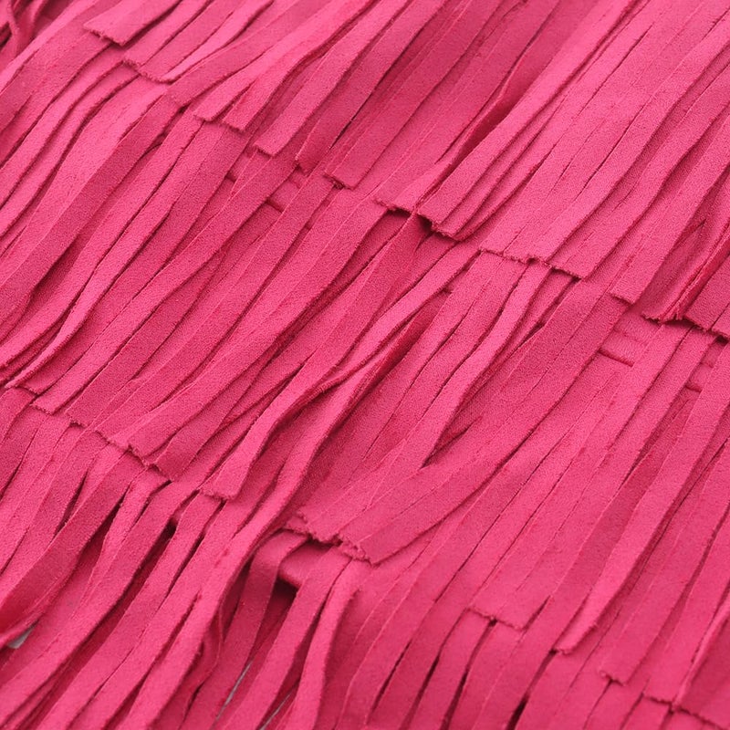 Noomelfish Women Suede Fringe Skirt Boho Tassel Layered Ruffle Skirt, Hot Pink, Small - Image 3