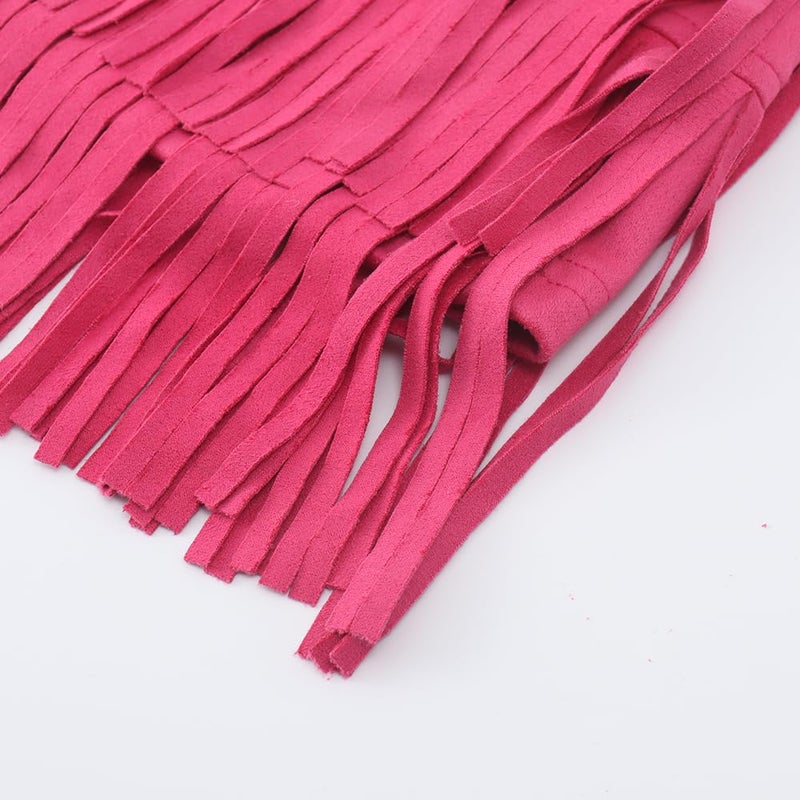 Noomelfish Women Suede Fringe Skirt Boho Tassel Layered Ruffle Skirt, Hot Pink, Small - Image 4
