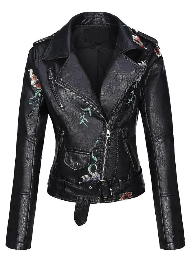 Take Two Black Floral Embroidered Biker Jacket