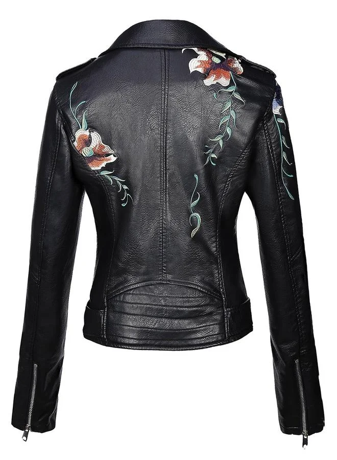 Take Two Black Floral Embroidered Biker Jacket
