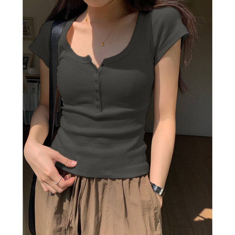 American Retro Shoulder Short-sleeved T-shirt Womens Summer Design Niche Cotton Clavicle Slim-fit Slim-fit Short Top Pink  - Image 3