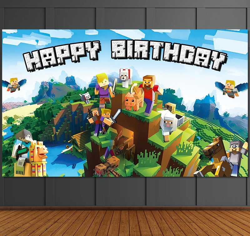 IndoTribe Pixel Backdrop Happy Birthday Banner Boy 5x3ft Miner Bday Sign Villager Gaming Birthday Party Decorations Videogame Themed Banner Video Game Decorations Video Game Backdrop for Boys - Image 1