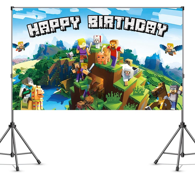 IndoTribe Pixel Backdrop Happy Birthday Banner Boy 5x3ft Miner Bday Sign Villager Gaming Birthday Party Decorations Videogame Themed Banner Video Game Decorations Video Game Backdrop for Boys - Image 3