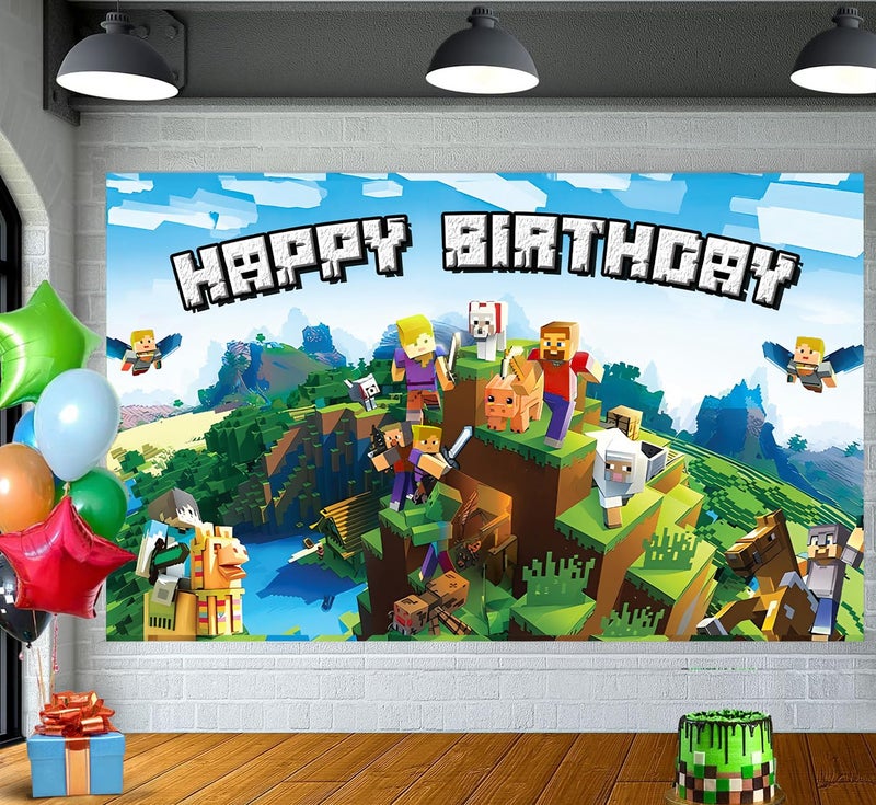 IndoTribe Pixel Backdrop Happy Birthday Banner Boy 5x3ft Miner Bday Sign Villager Gaming Birthday Party Decorations Videogame Themed Banner Video Game Decorations Video Game Backdrop for Boys - Image 5
