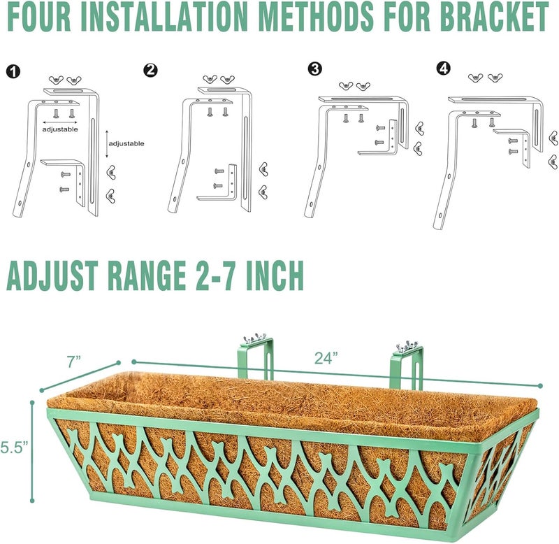 Karlliu 2 Pack 24 Inch Window Boxes Planters Railing Planter Box with Adjustable Brackets for Porch Fence Patio Balcony Hanging Flower Baskets with Coco Liners for Outdoor Garden Decor - Green - Image 5