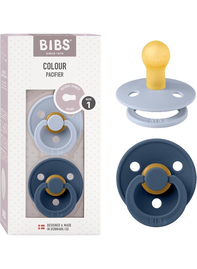 BIBS Colour Soother 2-Pack, BPA Free Dummy Pacifier, Round Natural Rubber Latex, Made in Denmark. 0-6 Months (Pack of 2), Dusty Blue/Steel Blue - Image 1