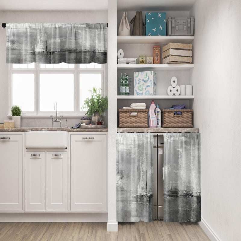 Tayney Grey Kitchen Window Curtains Valance and Tier Set 36 Inch, Abstract Art Painting Rod Pocket Short Tier Curtain for Bathroom, Modern Small Cafe Drapes for Kitchen Decor - Image 2