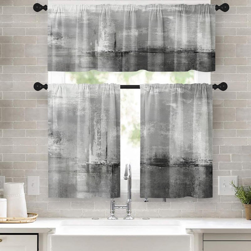 Tayney Grey Kitchen Window Curtains Valance and Tier Set 36 Inch, Abstract Art Painting Rod Pocket Short Tier Curtain for Bathroom, Modern Small Cafe Drapes for Kitchen Decor - Image 1
