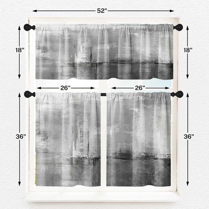 Tayney Grey Kitchen Window Curtains Valance and Tier Set 36 Inch, Abstract Art Painting Rod Pocket Short Tier Curtain for Bathroom, Modern Small Cafe Drapes for Kitchen Decor - Image 3