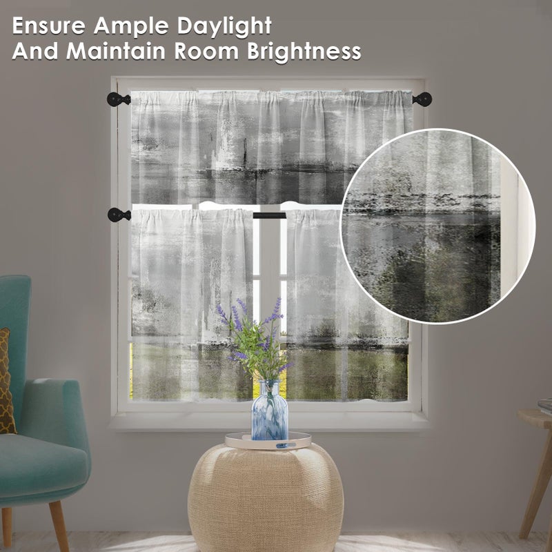 Tayney Grey Kitchen Window Curtains Valance and Tier Set 36 Inch, Abstract Art Painting Rod Pocket Short Tier Curtain for Bathroom, Modern Small Cafe Drapes for Kitchen Decor - Image 4