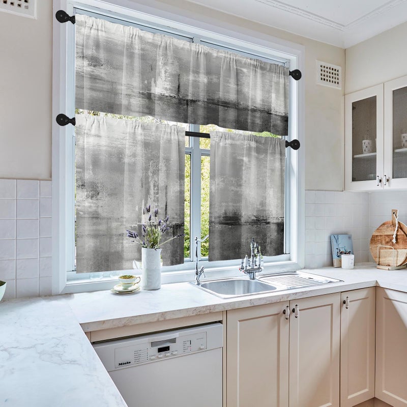 Tayney Grey Kitchen Window Curtains Valance and Tier Set 36 Inch, Abstract Art Painting Rod Pocket Short Tier Curtain for Bathroom, Modern Small Cafe Drapes for Kitchen Decor - Image 5