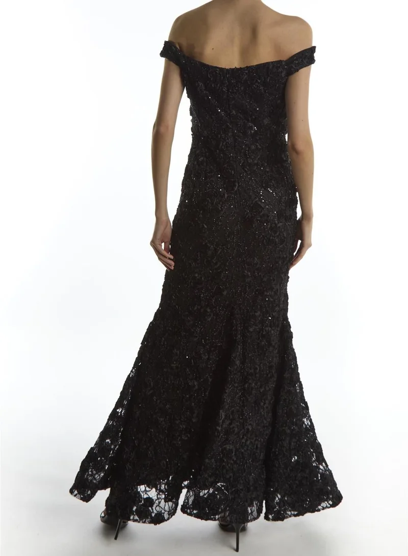 True Decadence Etta Black Lace Bardot Off Shoulder Evening Maxi Gown