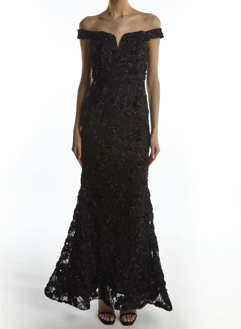 True Decadence Etta Black Lace Bardot Off Shoulder Evening Maxi Gown