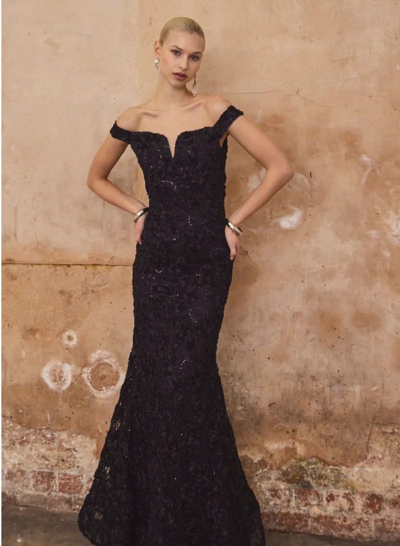 True Decadence Etta Black Lace Bardot Off Shoulder Evening Maxi Gown