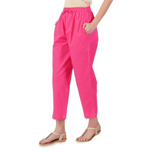 Happy Bunny Parallel Pants for Women 100% Cotton Ankle Length Trousers Regular Fit with Elastic Drawstring Stylish & Pockets Casual Formal Wear for Office & Home (LG, HOT Pink) - Image 1