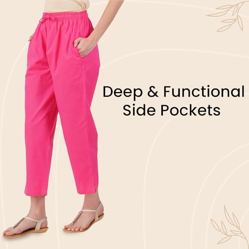 Happy Bunny Parallel Pants for Women 100% Cotton Ankle Length Trousers Regular Fit with Elastic Drawstring Stylish & Pockets Casual Formal Wear for Office & Home (LG, HOT Pink) - Image 3