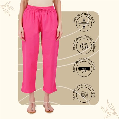 Happy Bunny Parallel Pants for Women 100% Cotton Ankle Length Trousers Regular Fit with Elastic Drawstring Stylish & Pockets Casual Formal Wear for Office & Home (LG, HOT Pink) - Image 2
