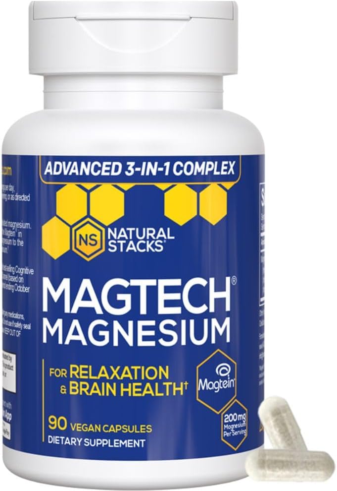 Natural Stacks MagTech Magnesium Complex  3 Forms of Magnesium Magtein LThreonate Glycinate  Taurate  200mg Chelated Magnesium Supplement  Supports Relaxation  Brain Health  90 Capsules - Image 1