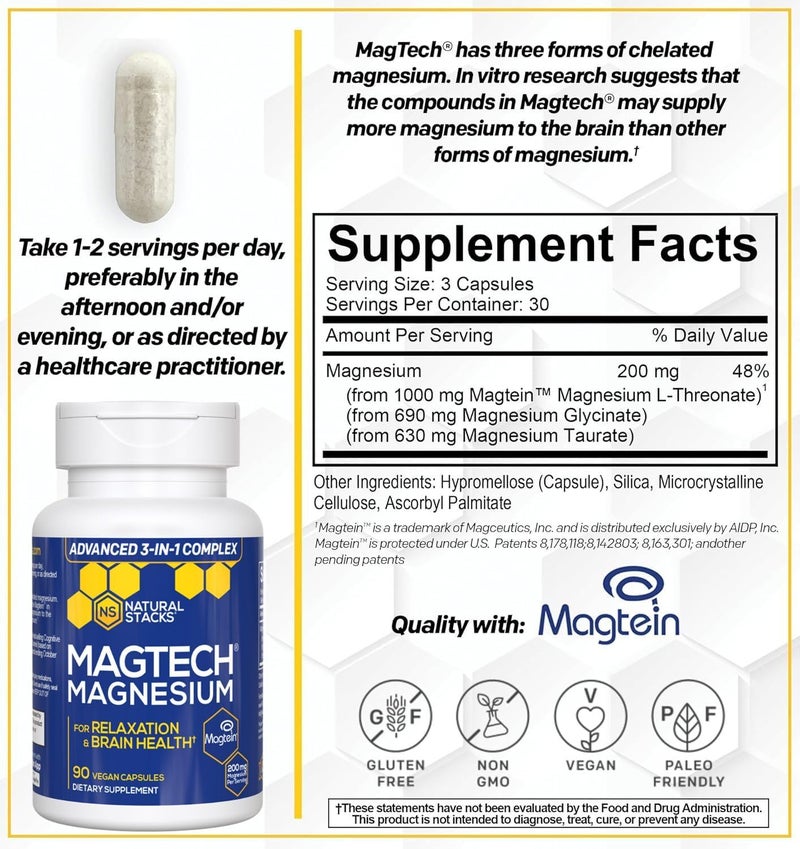 Natural Stacks MagTech Magnesium Complex  3 Forms of Magnesium Magtein LThreonate Glycinate  Taurate  200mg Chelated Magnesium Supplement  Supports Relaxation  Brain Health  90 Capsules - Image 2