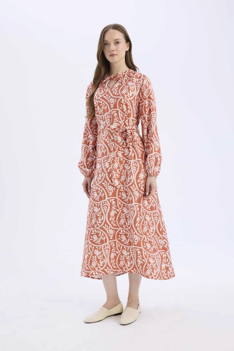 Orange Woman Relax Fit Printed Viscose Raglan Sleeves Dress Casual
