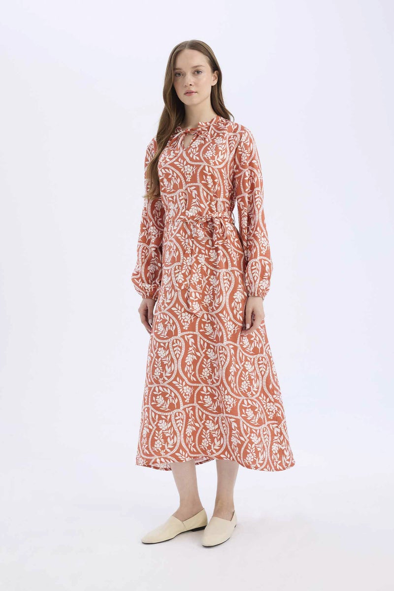 DeFacto Orange Woman Relax Fit Printed Viscose Raglan Sleeves Dress Casual - Image 1