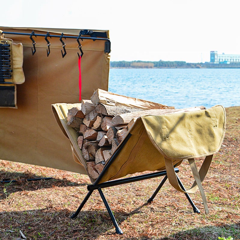 sundick Firewood Storage Bag: Khaki High Intensity Canvas, Wear-resistant Scratch-resistant Stain-resistant - Foldable Aluminum Alloy Bracket, Reinforced Metal Handle, Large Capacity Fireplace Log Holder for - Image 2