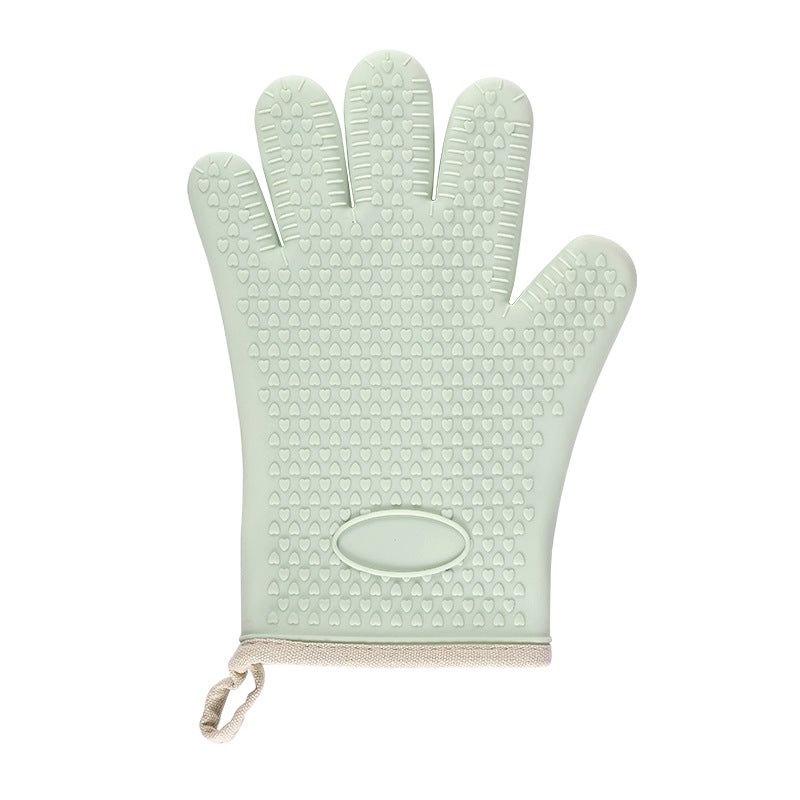 Silicone Heat Insulating Gloves Thickened High Temperature Resistant Kitchen Baking Tools Oven Microwave Oven Cotton Anti-Scalding Anti-Slip Gloves Short Nordic Green (Single) 