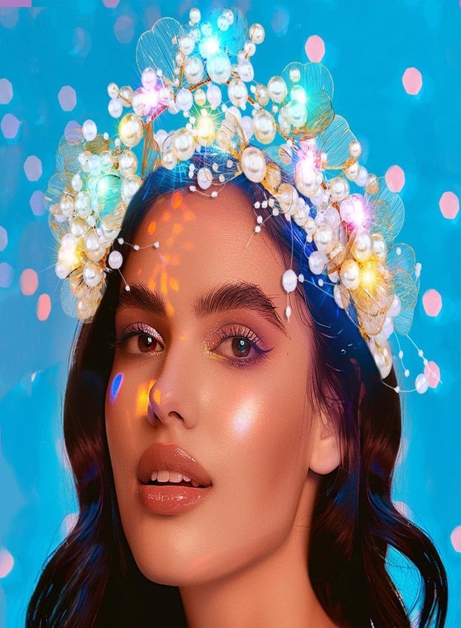 Kilshye Light Up Pearl Wedding Crowns and Tiaras Gold Flower Bridal Headband Prom Headpiece for Women - Image 5