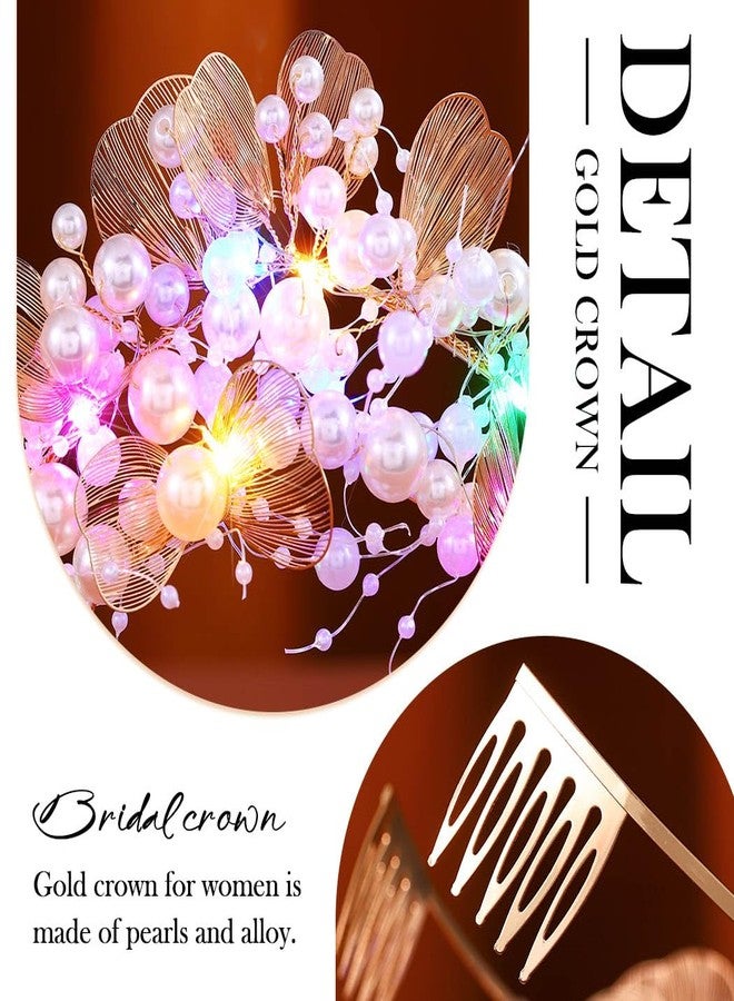 Kilshye Light Up Pearl Wedding Crowns and Tiaras Gold Flower Bridal Headband Prom Headpiece for Women - Image 4