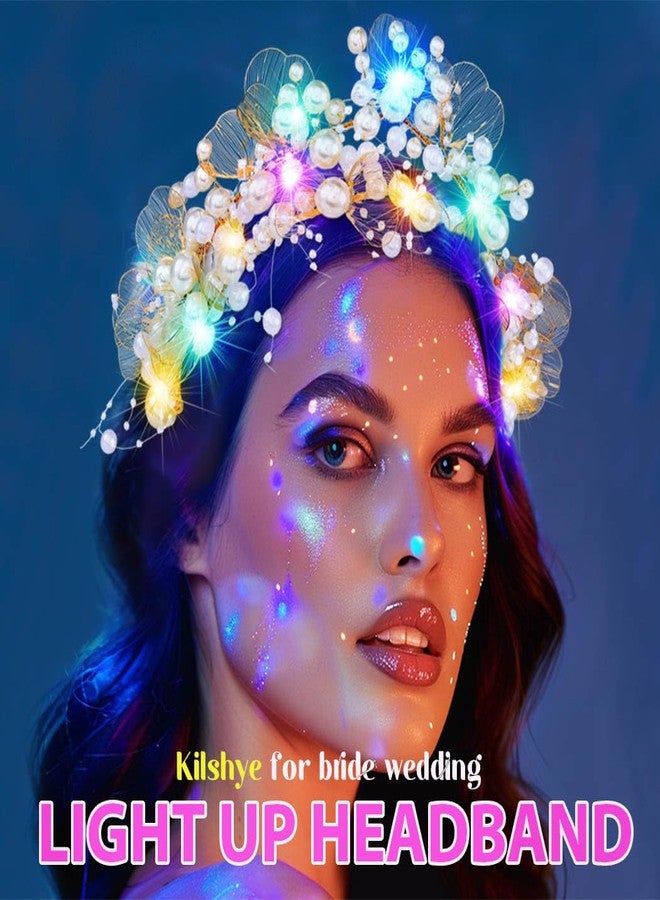 Kilshye Light Up Pearl Wedding Crowns and Tiaras Gold Flower Bridal Headband Prom Headpiece for Women - Image 3
