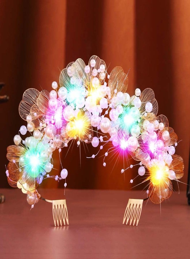 Kilshye Light Up Pearl Wedding Crowns and Tiaras Gold Flower Bridal Headband Prom Headpiece for Women - Image 2