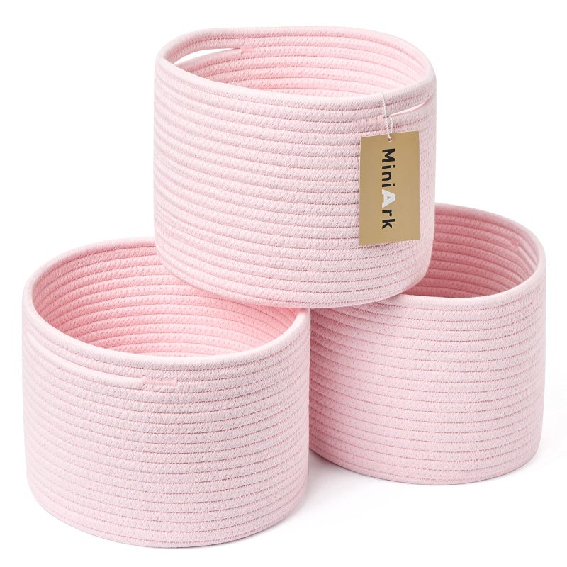 MiniArk Small Basket for Organizing  Cube Shelf Closet Storage Baskets  979771  Woven Rope Gift Basket  Nursery  Round 3 Packs Light Pink