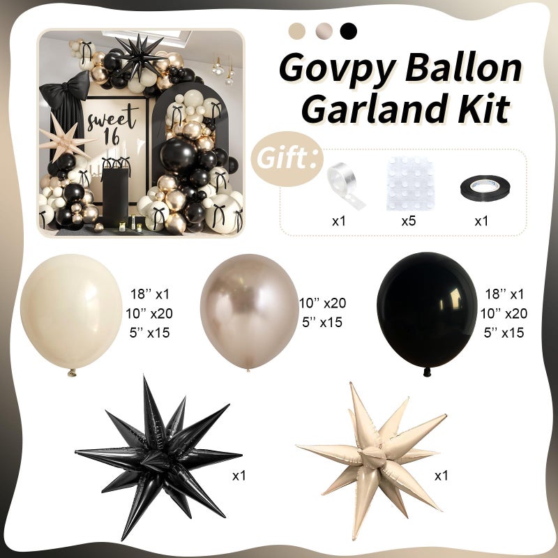 Govpy Black White Gold Balloon Garland Kit, 115Pc Beige Sand Black Cream Metallic Gold Balloon Arch Explosion Star Foil Balloons for Girls Women Birthday Bachelorette Graduation Coquette Party Decoration - Image 2