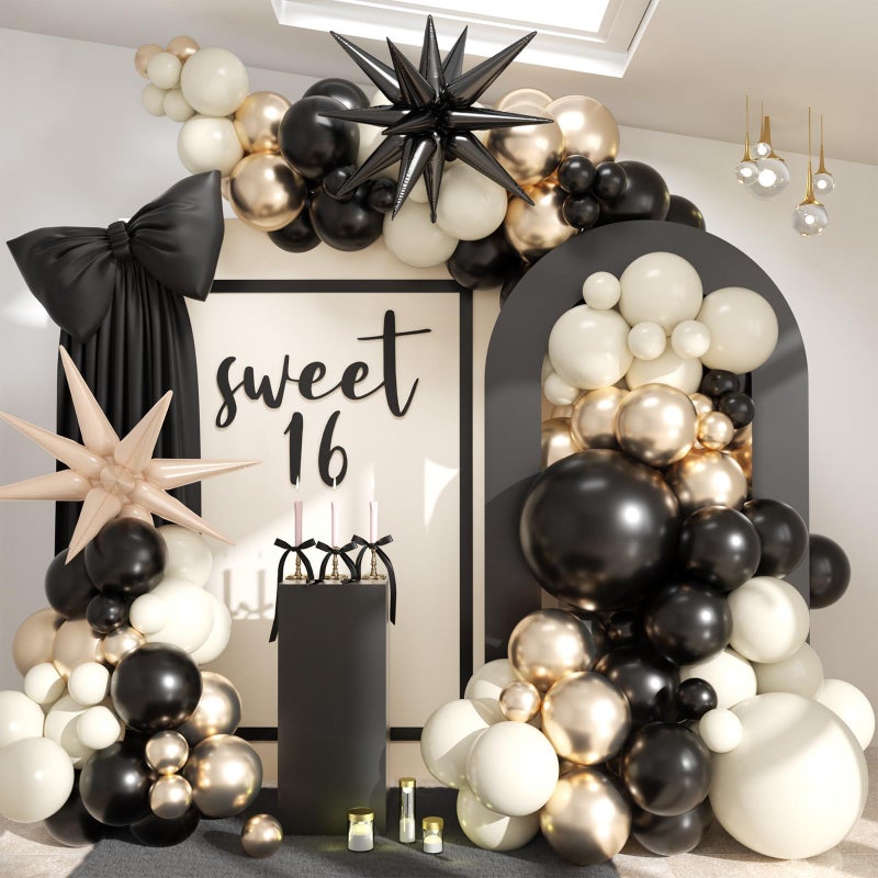 Govpy Black White Gold Balloon Garland Kit, 115Pc Beige Sand Black Cream Metallic Gold Balloon Arch Explosion Star Foil Balloons for Girls Women Birthday Bachelorette Graduation Coquette Party Decoration - Image 1