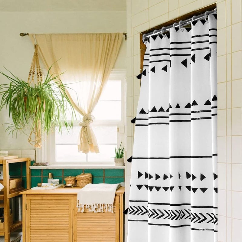 Uphome Extra Long Fabric Shower Curtain for Bathroom Black and White Boho Shower Curtain Set Chic Triangle Geometric Tassel Cloth Bath Curtains Waterproof Machine Washable for Modern Bathtub 72x84