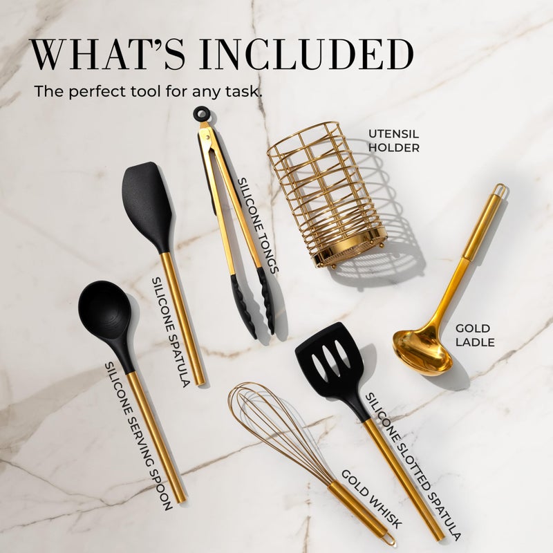 styled settings Black and Gold Kitchen Utensils Set - 7-Piece Silicone Cooking Tools with Gold Utensil Holder for Nonstick Cookware and Modern Kitchens - Stylish Luxury Kitchen Accessories - Image 3