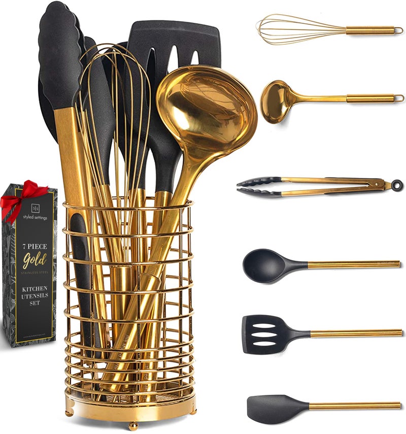 styled settings Black and Gold Kitchen Utensils Set - 7-Piece Silicone Cooking Tools with Gold Utensil Holder for Nonstick Cookware and Modern Kitchens - Stylish Luxury Kitchen Accessories - Image 1