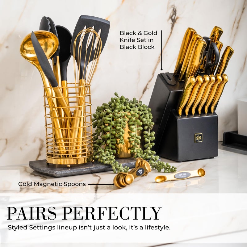 styled settings Black and Gold Kitchen Utensils Set - 7-Piece Silicone Cooking Tools with Gold Utensil Holder for Nonstick Cookware and Modern Kitchens - Stylish Luxury Kitchen Accessories - Image 2