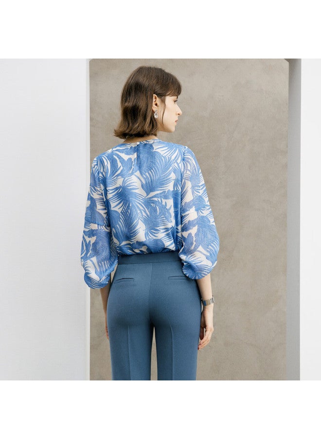 Yanyee Blue Spring Shirt Women Spring Fashion Round Neck Three-quarter Sleeve Loose Top Blue Floral L/40 - Image 2