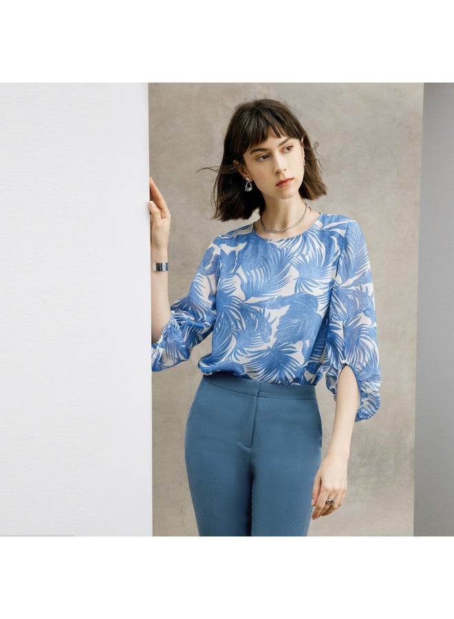 Yanyee Blue Spring Shirt Women Spring Fashion Round Neck Three-quarter Sleeve Loose Top Blue Floral L/40 - Image 1