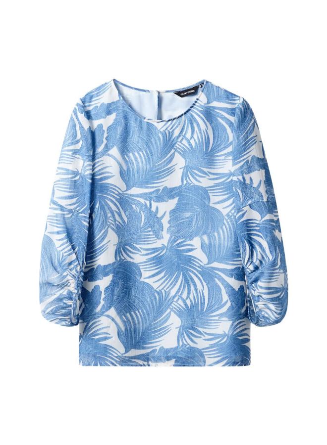 Yanyee Blue Spring Shirt Women Spring Fashion Round Neck Three-quarter Sleeve Loose Top Blue Floral L/40 - Image 3