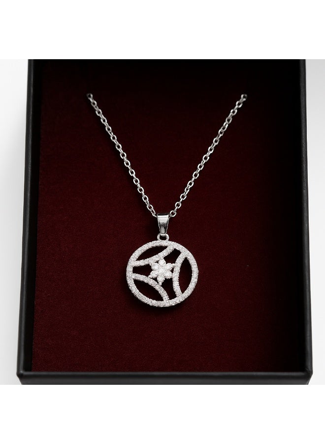 3Diamonds Platinum & Rhodium Round Pendant Necklace with Zircon Flower – Elegant Modern Jewelry for Women - Image 1