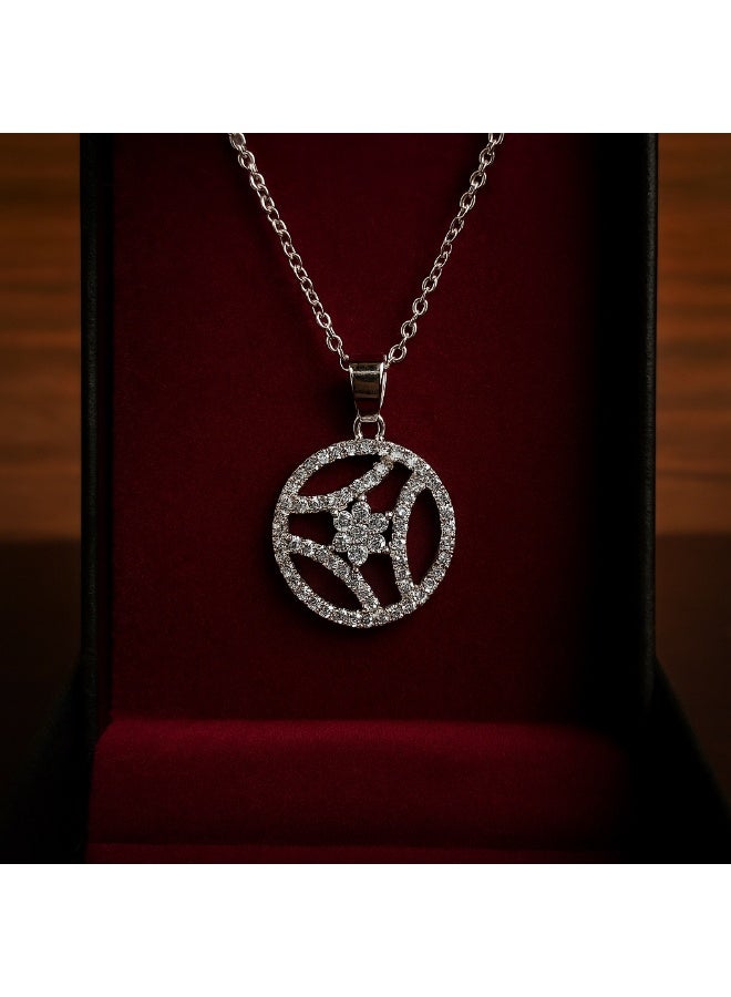 3Diamonds Platinum & Rhodium Round Pendant Necklace with Zircon Flower – Elegant Modern Jewelry for Women - Image 5