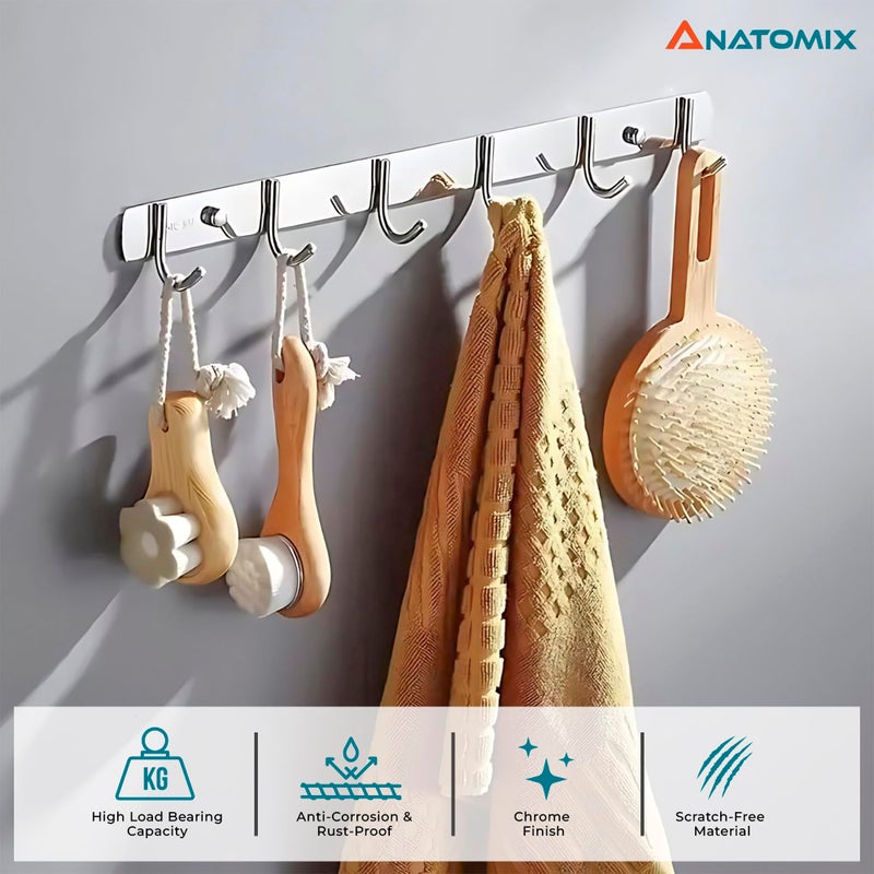 ANATOMIX Stainless Steel 6 Pin Bathroom Cloth Hooks Hanger for Walls of Bathroom/Kitchen-Hook Rail Bar for Clothes/Towel/Keys - JTYPE Pack of 2 - Image 3