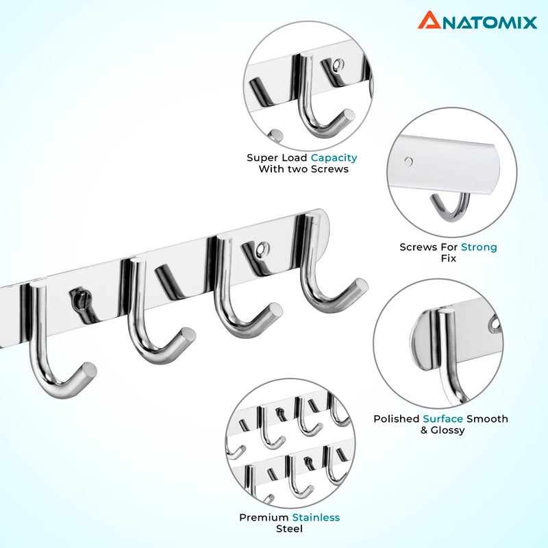 ANATOMIX Stainless Steel 6 Pin Bathroom Cloth Hooks Hanger for Walls of Bathroom/Kitchen-Hook Rail Bar for Clothes/Towel/Keys - JTYPE Pack of 2 - Image 2