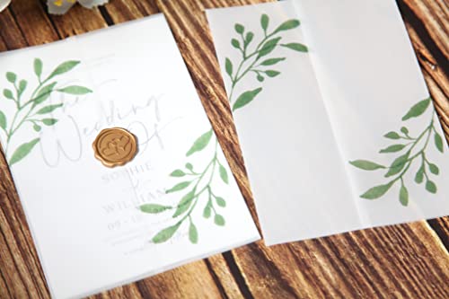Puremigo 50 Pack Eucalyptus Greenery Printed Pre-Folded Vellum Jackets for 5x7 Invitations - 115GSM Vellum Paper 5x7 Jackets - Vellum Wedding Invitations Wraps - Transparent Wedding Invitations Jacket - Image 2