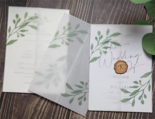 Puremigo 50 Pack Eucalyptus Greenery Printed Pre-Folded Vellum Jackets for 5x7 Invitations - 115GSM Vellum Paper 5x7 Jackets - Vellum Wedding Invitations Wraps - Transparent Wedding Invitations Jacket - Image 1