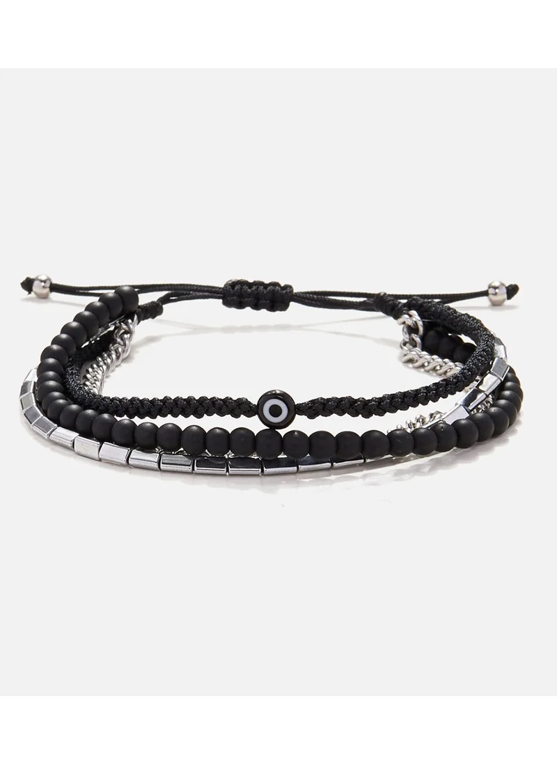CHRYSOSTOMOS Handmade Adjustable Beaded Multi-Line Bracelet with Onyx Stones, Triangular Hematite Tube and Black Glass Eye
